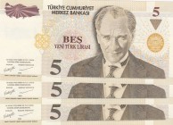 Turkey, 5 New Lira, 2005, UNC, p217, 
Total 3 banknotes, warning to serial numbers, Serial Number: D89 383111, D89263888, D89 383666
Estimate: 15-30...