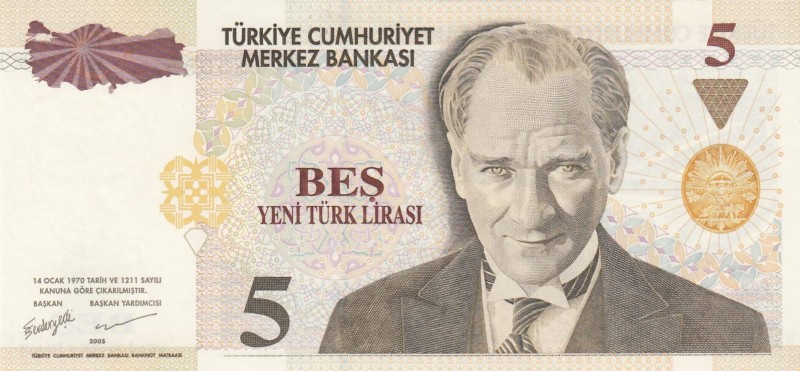 Turkey, 5 New Lira, 2005, UNC, p217, 
 Serial Number: A74 185555
Estimate: 10-...