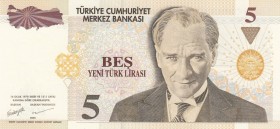 Turkey, 5 New Turkish Lira, 2005, UNC, p217, "B90" last prefiks
 Serial Number: B90 337830
Estimate: 10-20 USD