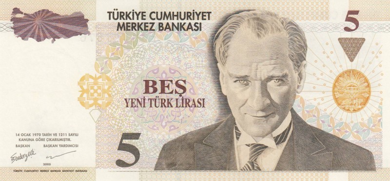 Turkey, 5 New Turkish Lira, 2005, UNC, p217, Nice Number
 Serial Number: F39 76...