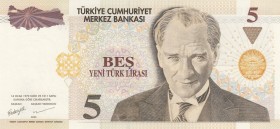 Turkey, 5 New Turkish Lira, 2005, UNC, p217, Nice Number
 Serial Number: F39 767676
Estimate: 10-20 USD