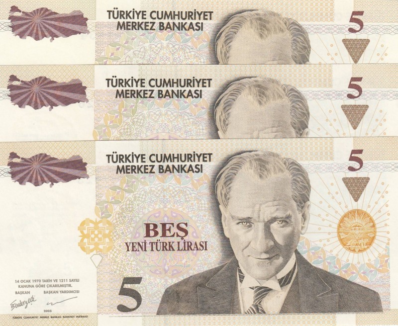 Turkey, 5 New Turkish Lira, 2005, UNC, p217, (Total 3 banknotes)
 Serial Number...