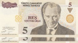 Turkey, 5 New Turkish Lira, 2005, UNC, p217, DIFFERENT WATERMARK
 Serial Number: D58 429910 ve D58 228265
Estimate: 30-60 USD