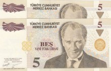 Turkey, 5 New Turkish Lira, 2005, AUNC, p217, (Total 2 consecutive banknotes)
 Serial Number: D50 811771-2
Estimate: 10-20 USD