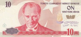 Turkey, 10 New Turkish Lira, 2005, UNC, p218, "F90" last prefix and repeating serial number
 Serial Number: F90 171717
Estimate: 15-30 USD