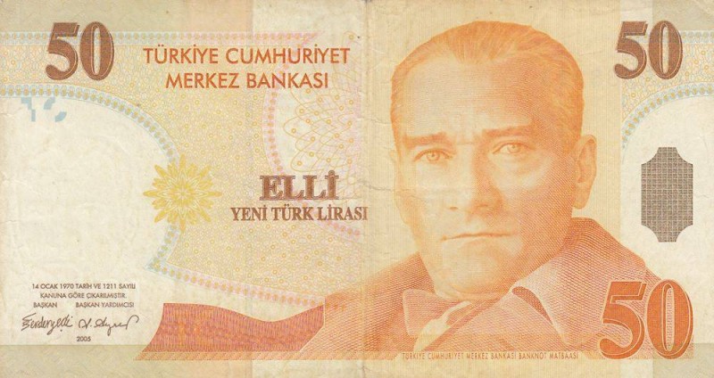 Turkey, 50 New Lira, 2005, VF, p220, 
 Serial Number: A58 888273
Estimate: 15-...