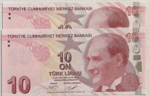 Turkey, 10 Lira , 2017, UNC, p223c, one of the banknotes has a low serial number
 Serial Number: C330 000974 ve C325 334567
Estimate: 15-30 USD
