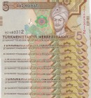 Turkmenistan, 5 Manat, 2012, UNC, p30, Total 9 banknotes
(consecutive serial numbers)
Estimate: 15-30 USD