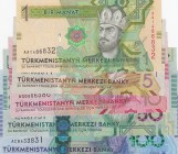Turkmenistan, UNC, Total 4 banknotes
1 Manat, 2014, UNC, p36; 5 Manat, 2012, UNC, p30; 10 Manat, 2012, UNC, p31; 50 Manat, 2017, UNC, p40, commemorat...