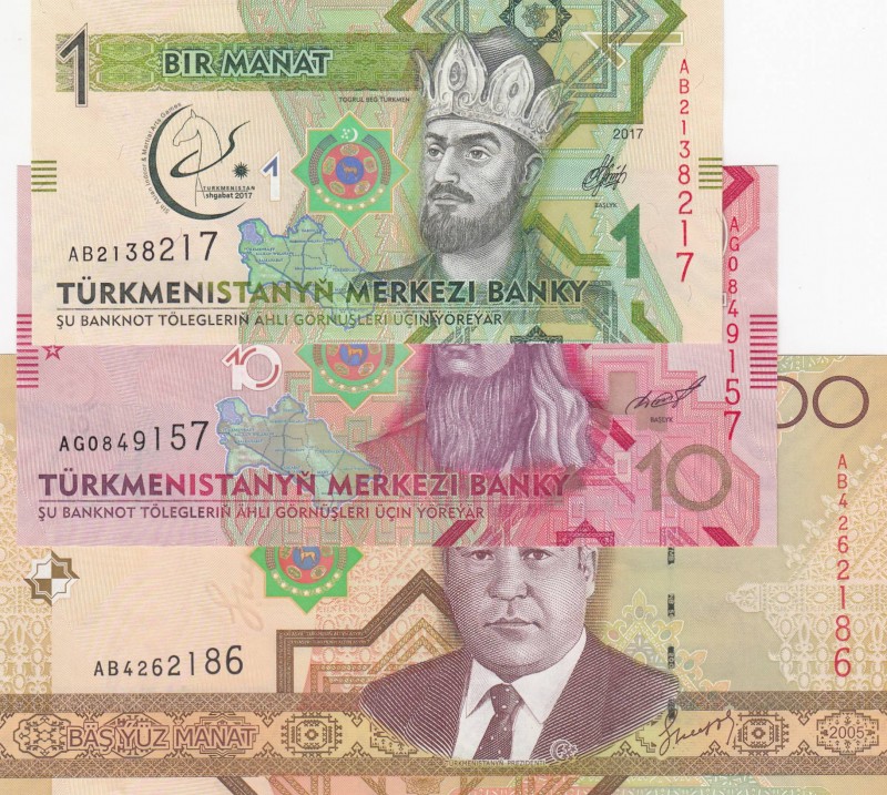 Turkmenistan, 1/10 /500 Manat, 2005,2012,2017, UNC, p19,p31,p36, 3 Different ban...