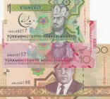 Turkmenistan, 1/10 /500 Manat, 2005,2012,2017, UNC, p19,p31,p36, 3 Different banknotes
 Serial Number: AB2138217/ AG0849157/ AB4262186
Estimate: 15-...