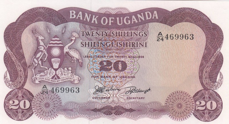 Uganda, 20 Shillings, 1966, UNC, p3
 Serial Number: 469963
Estimate: 15-30 USD