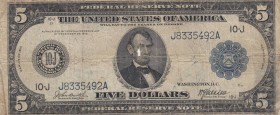 United States of America, 5 Dollars, 1914, POOR, 
 Serial Number: J8335492A
Estimate: 50-100 USD