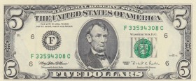 United States of America, 5 Dollars, 1995, UNC, p498
 Serial Number: F33594308C
Estimate: 10-20 USD