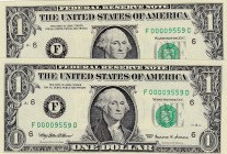 United States of America, 1 Dollar, 1999, UNC, p504, TWİN NUMBERS, (Total 2 banknotes)
Twin numbers including letters, low serial numbers, Serial Num...