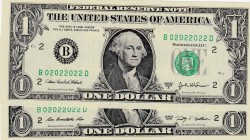 United States of America, 1 Dollar, 2003/2009, UNC, p515, p530, TWİN NUMBERS, (Total 2 banknotes)
Twin numbers including letters, Serial Number: B 02...