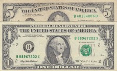 United States of America, 1 Dollar and 5 Dollars, 1988/1995, VF, p481b, p496, (Total 2 banknotes)
 Serial Number: B88967202X ve B40194006D
Estimate:...