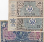 United States of America, FINE, total 3 banknotes
50 Cent, Serie 472; 1 Dollar, Serie 472; 5 Dollars, Serie 521, Serial Number: C 01792766C, E 054592...