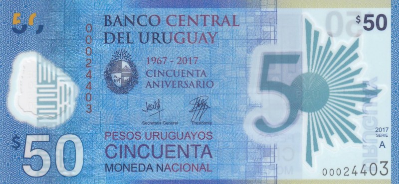 Uruguay, 50 Dollars, 2017, UNC, pNew
Polimer plastic banknote, Serial Number: 0...