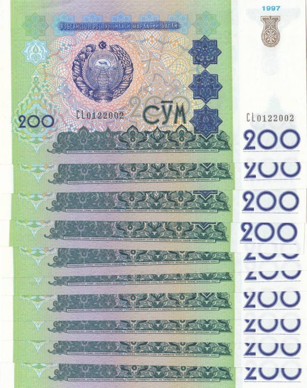 Uzbekistan, 200 Som, 1997, UNC, p80, total 10 banknotes
Consecutive serial numb...