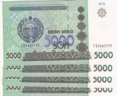Uzbekistan, 5000 Sum, 2013, UNC, p83
Consecutive serial number, total 5 banknotes, Serial Number: FQ5637777-78-79-80-81
Estimate: 10-20 USD