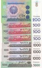 Uzbekistan, Different 8 banknotes
200 Sum, 1997, UNC, p80; 500 Sum(3), 1999, UNC, p81; 1.000 Sum(3), 2001, UNC, p82; 5.000 Sum, 2013, UNC, p83
Estim...