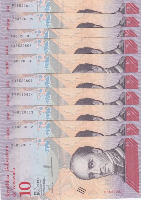 Venezuela, 10 Bolivares, 2018, UNC, pNew, total 10 banknotes
Consecutive serial...