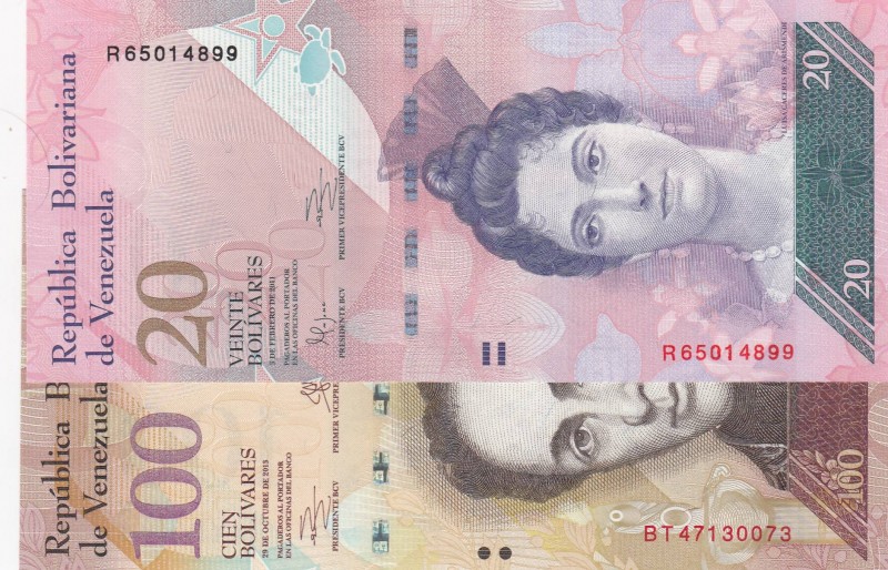 Venezuela, Different 2 banknotes
20 Bolivares, 2011, UNC, p91e; 100 Bolivares, ...