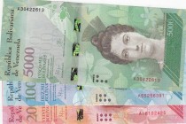 Venezuela, Total 3 banknotes
5.000 Bolivares, 2016, UNC, p97; 10.000 Bolivares, 2016, UNC, p98; 20.000 Bolivares, 2016, UNC, p99
Estimate: 15-30 USD