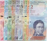 Venezuela, Total 10 banknotes
2 Bolivares, 2013, XF; 5 Bolivares, 2007, UNC; 50 Bolivares, 2015, XF; 50 Bolivares, 2015, UNC; 100 Bolivares, 2013, UN...