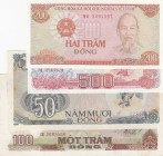 Vietnam, Total 4 banknotes
50 Dong, 1985, UNC (-), p97a; 100 Dong, 1985, AUNC (-); 200 Dong, 1987, UNC, p100; 500 Dong, 1988, UNC
Estimate: 30-60 US...