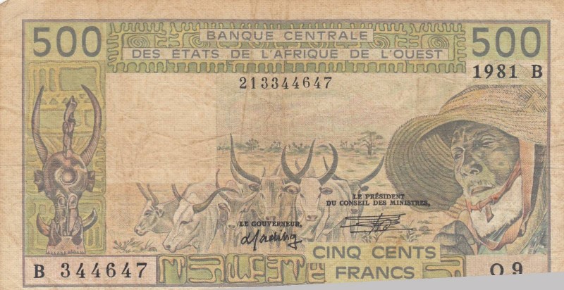 West African States, 500 Francs, 1981, FINE, p106A
 Serial Number: B 344647
Es...