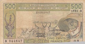West African States, 500 Francs, 1981, FINE, p106A
 Serial Number: B 344647
Estimate: 10-20 USD