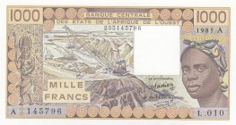 West African States, 1.000 Francs, 1985, UNC, p107af
 Serial Number: 2351145796
Estimate: 20-40 USD