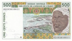 West African States, 500 Francs, 2002, UNC, p110a
 Serial Number: 02165616611
Estimate: 10-20 USD