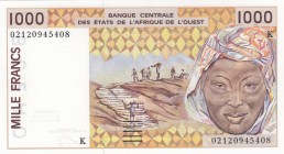 West African States, 1000 Francs, 2002, UNC, p211bm
 Serial Number: 02120945408
Estimate: 30-60 USD