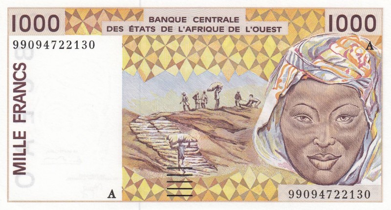 West African States1000 Francs, 1.000 Francs, 1999, AUNC(-), 
 Serial Number: 9...