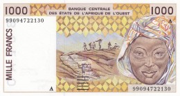 West African States1000 Francs, 1.000 Francs, 1999, AUNC(-), 
 Serial Number: 99094722130
Estimate: 10-20 USD