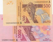 West African States, Total 2 banknotes
500 Francs, 2012, UNC, p219A; 1.000 Francs, 2003, UNC, p215A
Estimate: 10-20 USD