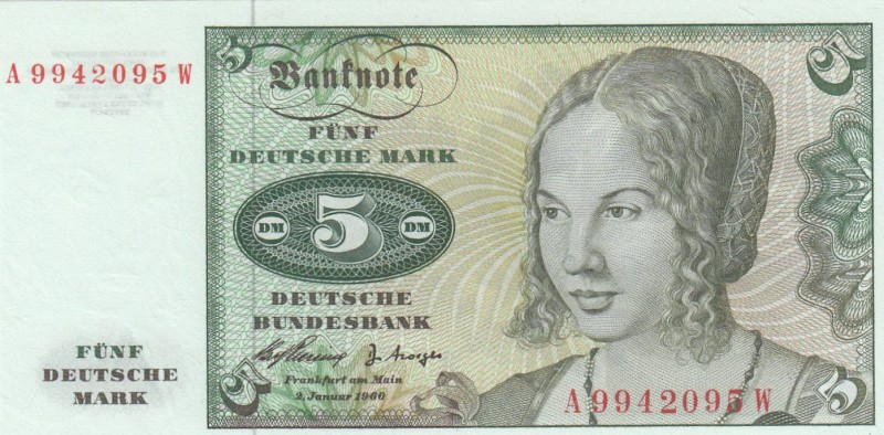 West Germany, 5 Mark, 1960, UNC, p18a
 Serial Number: A 9942095W
Estimate: 15-...