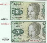 Germany- Federal Republic, 5 Mark, 1980, UNC, p30b, (Total 2 banknotes)
 Serial Number: B6213303T ve B9305920S
Estimate: 25-50 USD