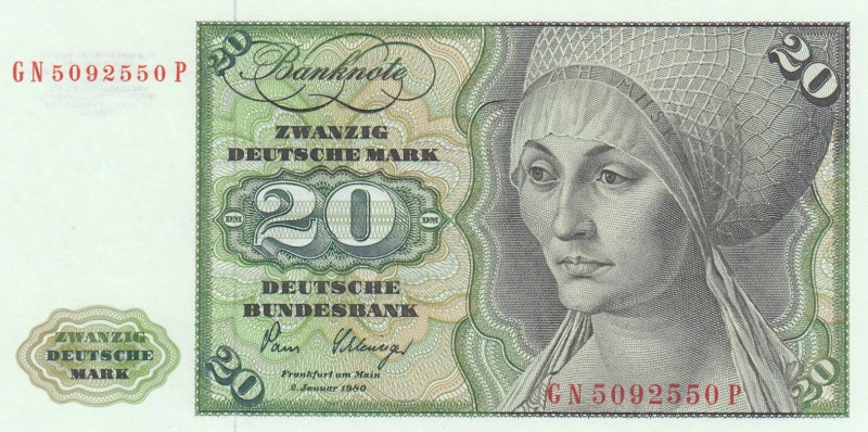 Germany- Federal Republic, 20 Mark, 1980, UNC, p32c
 Serial Number: GN5092550P...