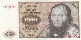 Germany- Federal Republic, 1.000 Mark, 1977, XF, p36a
 Serial Number: W2704861G
Estimate: 750-1500 USD