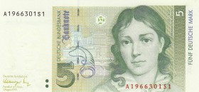 West Germany, 5 Mark, 1991, UNC (-), p37
 Serial Number: A1966301S1
Estimate: 10-20 USD