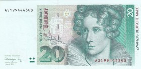Germany- Federal Republic, 20 Mark, 1991, UNC, p39a
 Serial Number: AS1994443G8
Estimate: 35-70 USD