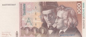 Germany- Federal Republic, 1.000 Mark, 1991, AUNC, p44a
 Serial Number: AA0358556D7
Estimate: 750-1500 USD