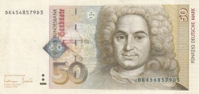 Germany- Federal Republic, 50 Mark, 1996, XF, p45
 Serial Number: DK4548579D3
Estimate: 40-80 USD