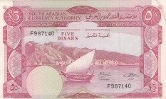Yemen Democratic Republic, 5 Dinars, 1965, XF, p4b
 Serial Number: F987140
Estimate: 25-50 USD