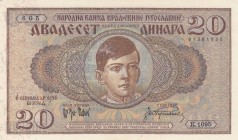 Yugoslavia, 20 Dinara, 1936, UNC, p30
 Serial Number: 605 K.1095
Estimate: 20-40 USD