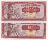Yugoslavia, 100 Dinara, 1963, UNC, p73, (Total 2 consecutive banknotes)
 Serial Number: AM 012684-5
Estimate: 10-20 USD